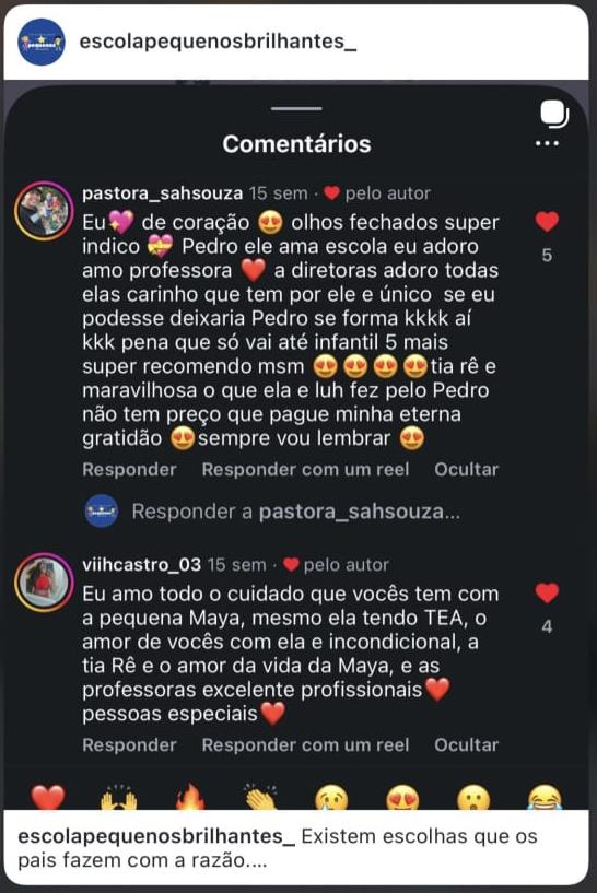 Comentários de famílias no Instagram da escola Pequenos Brilhantes